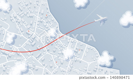 Aerial Flight Path Visualization Over Stylized Urban Terrain with Airplane Icon and Trajectory Line Aerial Flight Path Visualization Over Stylized Urban Terrain with Airplane Icon and Trajectory Line 140898471