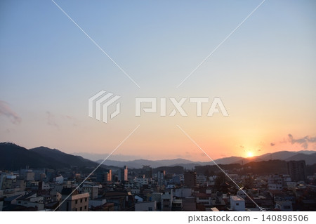 Takayama City, Gifu Prefecture, Japan - Cityscape in the city center and a beautiful sunset - Aerial view from a high-rise building Takayama City, Gifu Prefecture, Japan - Cityscape in the city center and a beautiful sunset - Aerial view from a high-rise building 140898506