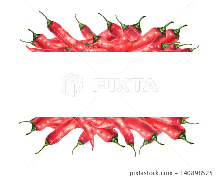 Red chili pepper rectangular frame. Watercolor hand drawn illustration. Spice ingredient, hot chilli condiment. Spicy vegetables for food label template, sauces, recipe. Isolated on white background. Red chili pepper rectangular frame. Watercolor hand drawn illustration. Spice ingredient, hot chilli condiment. Spicy vegetables for food label template, sauces, recipe. Isolated on white background. 140898525
