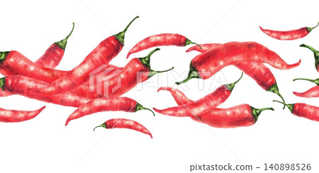Pile of hot red chili pepper. Watercolor hand drawn seamless border. Spice hot ingredient, chilli or cayenne condiment. Spicy vegetables for food, sauces pattern. Isolated from background illustration Pile of hot red chili pepper. Watercolor hand drawn seamless border. Spice hot ingredient, chilli or cayenne condiment. Spicy vegetables for food, sauces pattern. Isolated from background illustration 140898526
