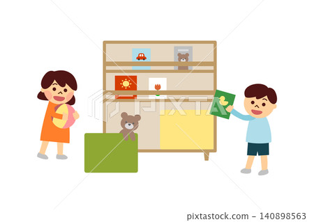 孩子們收拾圖畫書和玩具 孩子們收拾圖畫書和玩具 140898563