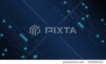 Abstract blue circuit board background featuring glowing neon digital electronic line nodes. Abstract blue circuit board background featuring glowing neon digital electronic line nodes. 140898581