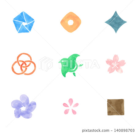 Japanese traditional pattern icons. Watercolor style, traditional designs. Japanese traditional pattern icons. Watercolor style, traditional designs. 140898703