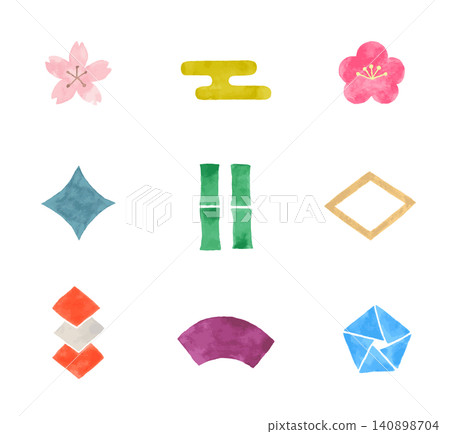 Japanese traditional pattern icons. Watercolor style, traditional designs. Japanese traditional pattern icons. Watercolor style, traditional designs. 140898704