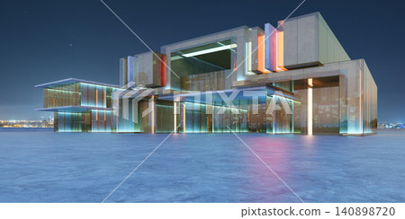 3d rendering futuristic building with glowing glass facade at night 3d rendering futuristic building with glowing glass facade at night 140898720