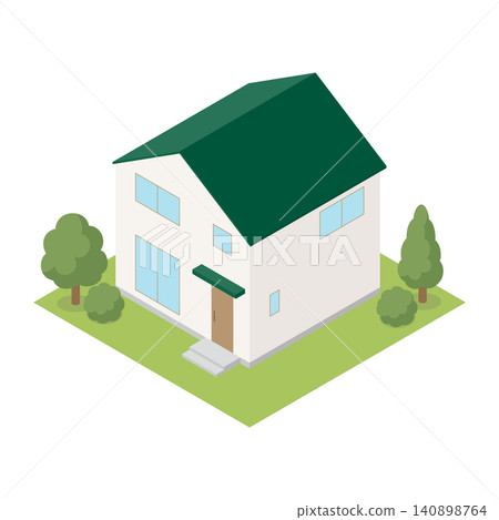 Isometric illustration of a detached house with a green roof 140898764