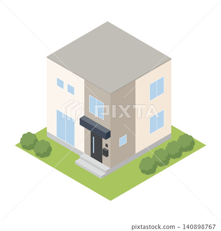 An isometric illustration of a detached house with a flat roof and a cube-shaped design. An isometric illustration of a detached house with a flat roof and a cube-shaped design. 140898767