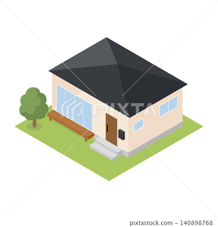 An isometric illustration of a single-story house with a black roof and a veranda. An isometric illustration of a single-story house with a black roof and a veranda. 140898768