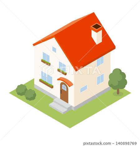 An isometric illustration of a Western-style detached house with a red roof and chimney. An isometric illustration of a Western-style detached house with a red roof and chimney. 140898769