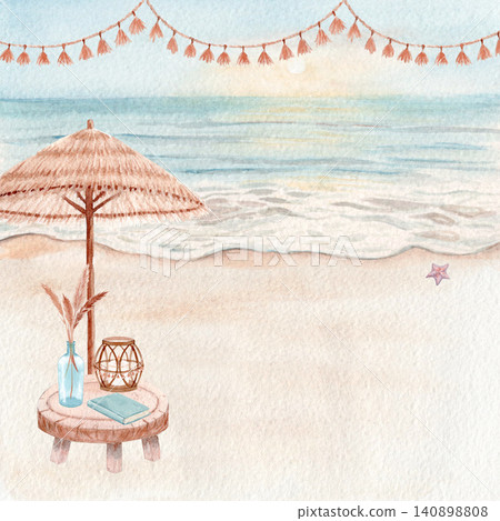 Watercolor beach scene with straw umbrella, seaside table and tassel garland. Coastal summer illustration with copy space for travel, resort, wedding, wellness, beach branding and event invitations Watercolor beach scene with straw umbrella, seaside table and tassel garland. Coastal summer illustration with copy space for travel, resort, wedding, wellness, beach branding and event invitations 140898808