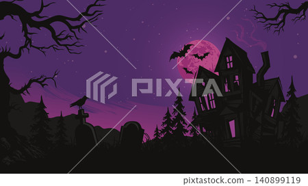 Halloween party banner with silhouetted dead tree, bats, haunted mansion, graveyard and violet sky background have blank space. Halloween party banner with silhouetted dead tree, bats, haunted mansion, graveyard and violet sky background have blank space. 140899119