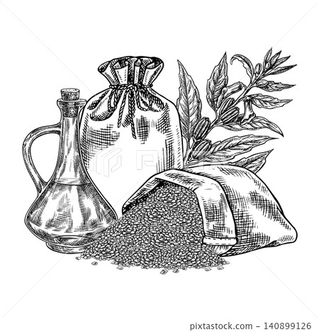 Sesame oil in a bottle, sesame seeds in jute bags, sesame plant. Black and white vector graphics. Hand-drawn illustration. On a white background. Perfect for creating labels, packaging, menus and more Sesame oil in a bottle, sesame seeds in jute bags, sesame plant. Black and white vector graphics. Hand-drawn illustration. On a white background. Perfect for creating labels, packaging, menus and more 140899126