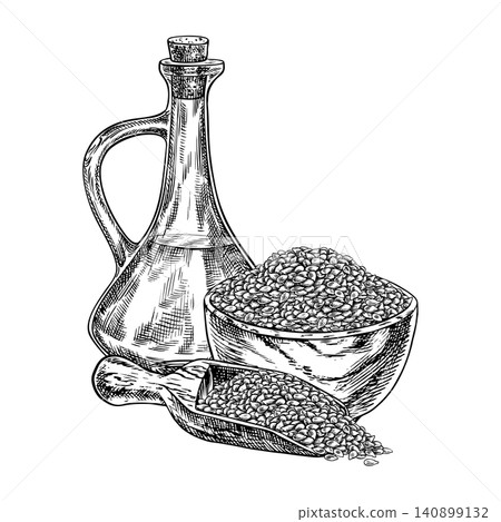 Oil in a glass bottle and seeds in a wooden bowl and scoop. Black and white vector graphics. Hand-drawn illustrations. Perfect for labels, product packaging, posters, banners, menus, and more. Oil in a glass bottle and seeds in a wooden bowl and scoop. Black and white vector graphics. Hand-drawn illustrations. Perfect for labels, product packaging, posters, banners, menus, and more. 140899132