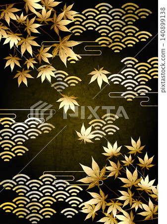 金色波浪圖案和秋葉,背景,插畫,可愛,日式風格,垂直版 金色波浪圖案和秋葉,背景,插畫,可愛,日式風格,垂直版 140899138
