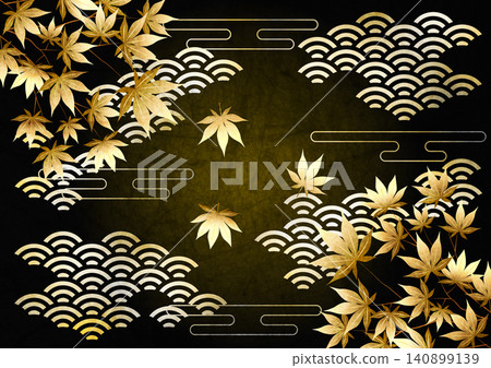 金色波浪圖案和秋葉,背景,插畫,可愛,日式風格,橫向 金色波浪圖案和秋葉,背景,插畫,可愛,日式風格,橫向 140899139