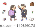 A boy and a girl in elementary school wearing school backpacks - school supplies set 140899178