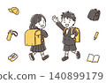 Elementary school girl and boy with backpacks - school supplies set / simple colors 140899179