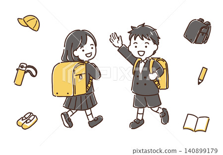 背著書包的小學生男孩女孩 - 文具套裝 / 簡約色彩 背著書包的小學生男孩女孩 - 文具套裝 / 簡約色彩 140899179