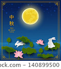 Mid Autumn or Moon Festival card,Traditional Asian holiday with full moon,cute rabbits and blooming lotuses,Chinese text Happy Mid Autumn Festival 140899500