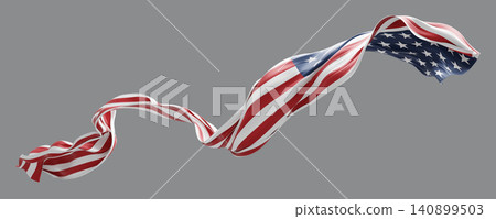 American flag ribbon sheer pleated chiffon fabric flowing isolated on grey background design for 4th of july America Independence day banner 3D render 140899503
