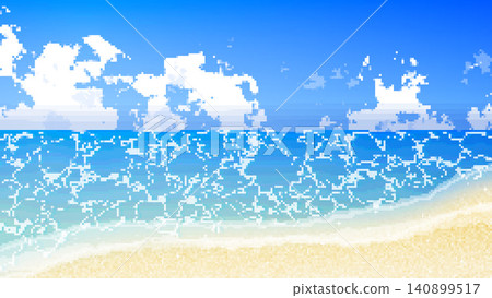 A vertically oriented, blue ocean-themed beach background in an 8-bit retro game style. A vertically oriented, blue ocean-themed beach background in an 8-bit retro game style. 140899517