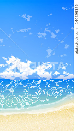 A vertically oriented, blue ocean-themed beach background in an 8-bit retro game style. 140899526