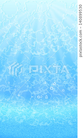 A vertically oriented, deep blue, 8-bit retro game-style underwater background. A vertically oriented, deep blue, 8-bit retro game-style underwater background. 140899530