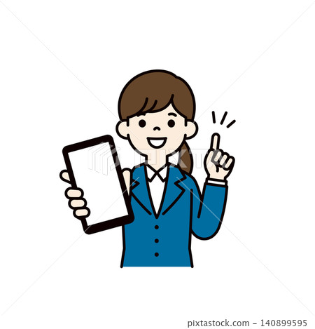 Vector illustration of a woman in a business suit showing her smartphone screen while job hunting. Vector illustration of a woman in a business suit showing her smartphone screen while job hunting. 140899595
