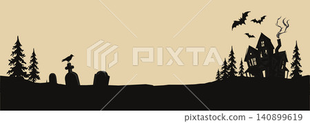 Minimalist silhouetted haunted mansion at graveyard landscape with beige background for Halloween ad campaign banner have blank space. Minimalist silhouetted haunted mansion at graveyard landscape with beige background for Halloween ad campaign banner have blank space. 140899619