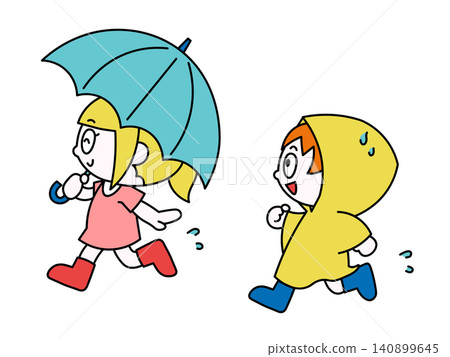 雨中奔跑的孩子的插圖(雨季) 雨中奔跑的孩子的插圖(雨季) 140899645