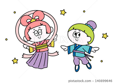 七月 - 裝扮成織姬和牛郎(七夕)的兒童插圖 七月 - 裝扮成織姬和牛郎(七夕)的兒童插圖 140899646
