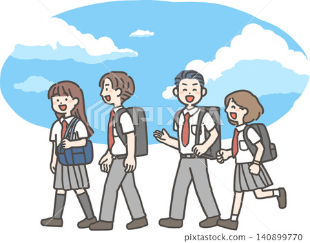 Four students (middle school and high school students) in summer uniforms walk and chat under the blue sky. Four students (middle school and high school students) in summer uniforms walk and chat under the blue sky. 140899770