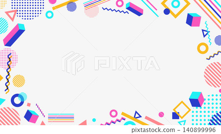 Memphis background with geometric frame and 3d cubes on white backdrop vibrant colorful border with abstract shapes and copy space, retro creative banner poster design template Memphis background with geometric frame and 3d cubes on white backdrop vibrant colorful border with abstract shapes and copy space, retro creative banner poster design template 140899996