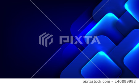 Abstract dark blue background with overlapping rounded squares and glowing neon cyan edges, modern futuristic technology banner, corporate presentations or digital wallpapers 140899998