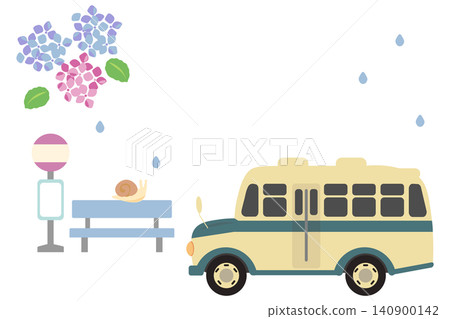 A snail waiting for a bus in the rain amidst hydrangeas and a retro bonnet bus. 140900142