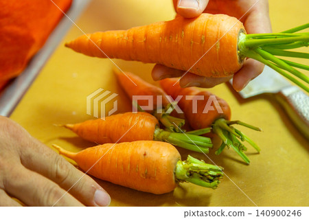 男人的雙手正在處理剛摘下的紅蘿蔔。 男人的雙手正在處理剛摘下的紅蘿蔔。 140900246