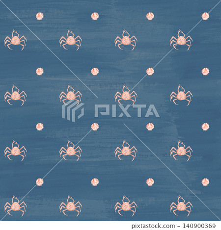 Watercolor crab and seashell seamless pattern on deep blue textured background. Coastal marine repeat design for beach house decor, textiles, wallpaper, wrapping paper, stationery, nautical interiors Watercolor crab and seashell seamless pattern on deep blue textured background. Coastal marine repeat design for beach house decor, textiles, wallpaper, wrapping paper, stationery, nautical interiors 140900369
