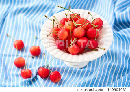 Cherries, a type of early summer fruit from Japan, served in a white compote dish. Cherries, a type of early summer fruit from Japan, served in a white compote dish. 140901081