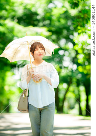 A woman holding a parasol in the park 140901144