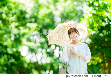 A woman holding a parasol in the park A woman holding a parasol in the park 140901145