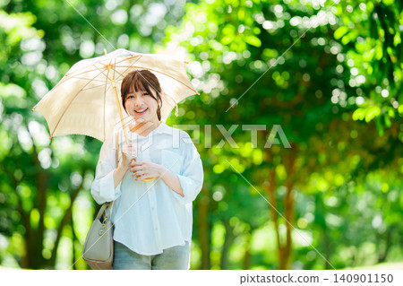 A woman holding a parasol in the park A woman holding a parasol in the park 140901150