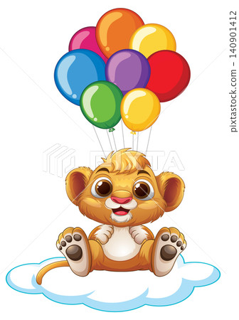 Cute Cartoon Lion Cub Sitting on Cloud with Colorful Balloons Cute Cartoon Lion Cub Sitting on Cloud with Colorful Balloons 140901412