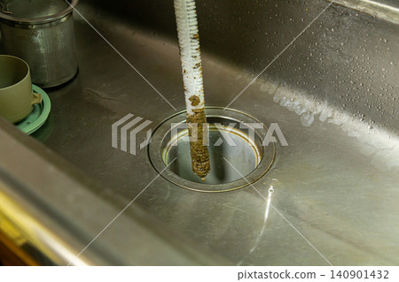 I'm cleaning the kitchen sink drain by putting a brush down it. 140901432