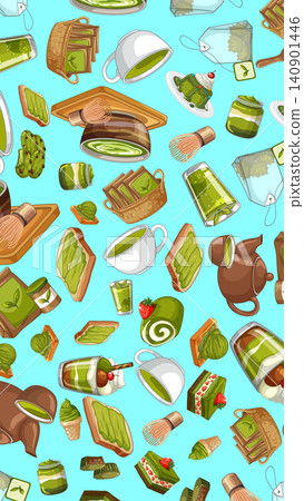 Seamless Vector Pattern of Matcha Green Tea Desserts and Tools 140901446