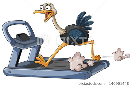 Funny Cartoon Ostrich Running Fast on a Gym Treadmill Machine Funny Cartoon Ostrich Running Fast on a Gym Treadmill Machine 140901448
