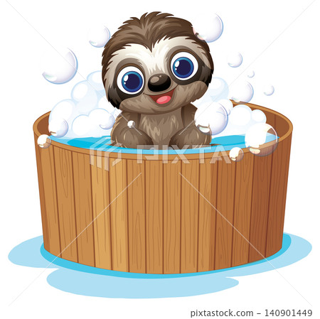Cute Cartoon Sloth Taking a Bubble Bath in a Wooden Tub Cute Cartoon Sloth Taking a Bubble Bath in a Wooden Tub 140901449