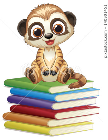 Cute Cartoon Meerkat Sitting on a Stack of Colorful Books Cute Cartoon Meerkat Sitting on a Stack of Colorful Books 140901451