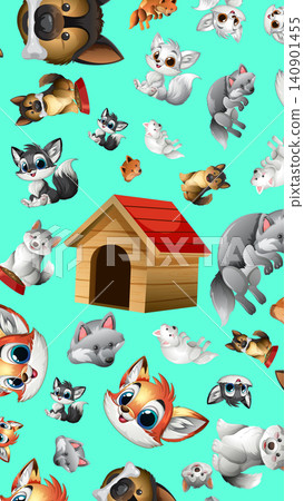 Cartoon Puppy and Doghouse Pattern on Teal Background Cartoon Puppy and Doghouse Pattern on Teal Background 140901455