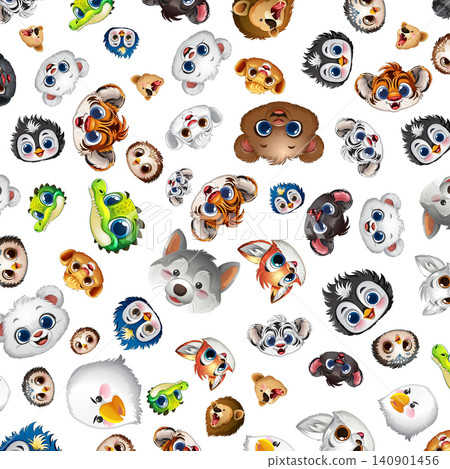 Seamless Pattern of Cute Cartoon Animal Faces on White Background Seamless Pattern of Cute Cartoon Animal Faces on White Background 140901456