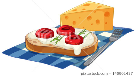 Vector Illustration of Bruschetta with Tomato and a Wedge of Swiss Cheese Vector Illustration of Bruschetta with Tomato and a Wedge of Swiss Cheese 140901457